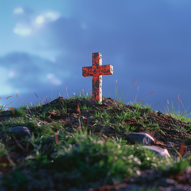 Foto fotos renderizadas en 3d de una cruz con detalles naranja bajo una colina con fondo de hierba verde es un azul