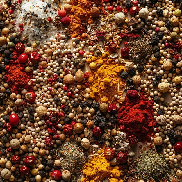 Fotos renderizadas en 3D de especias en fondo plano y otros ingredientes naturales