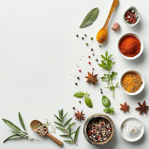 Fotos renderizadas en 3D de especias en fondo plano y otros ingredientes naturales