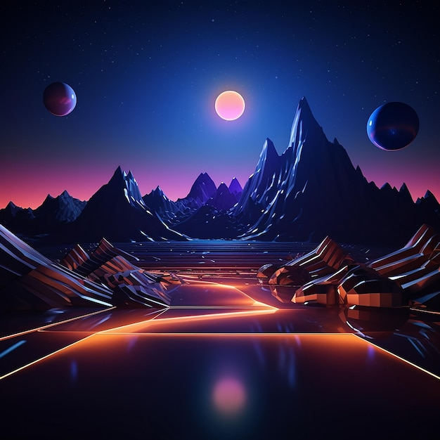 Fotos renderizadas en 3D de fondo de neón abstracto forma geométrica paisaje nocturno con colinas y rocas