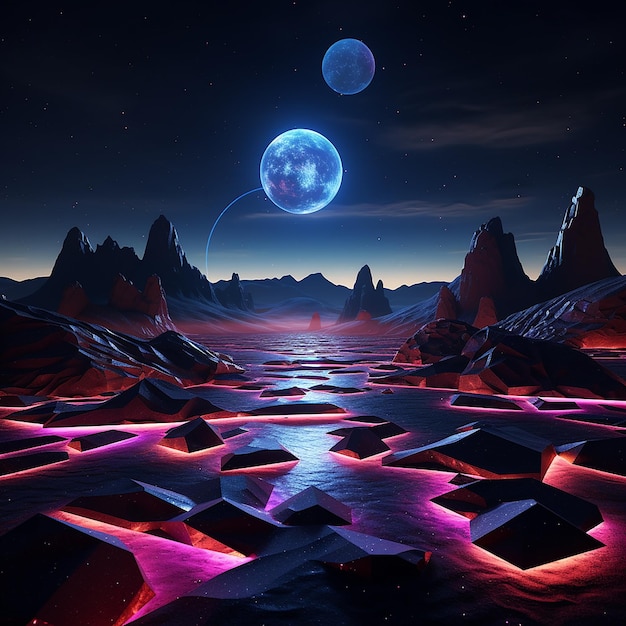 Fotos renderizadas en 3D de fondo de neón abstracto forma geométrica paisaje nocturno con colinas y rocas