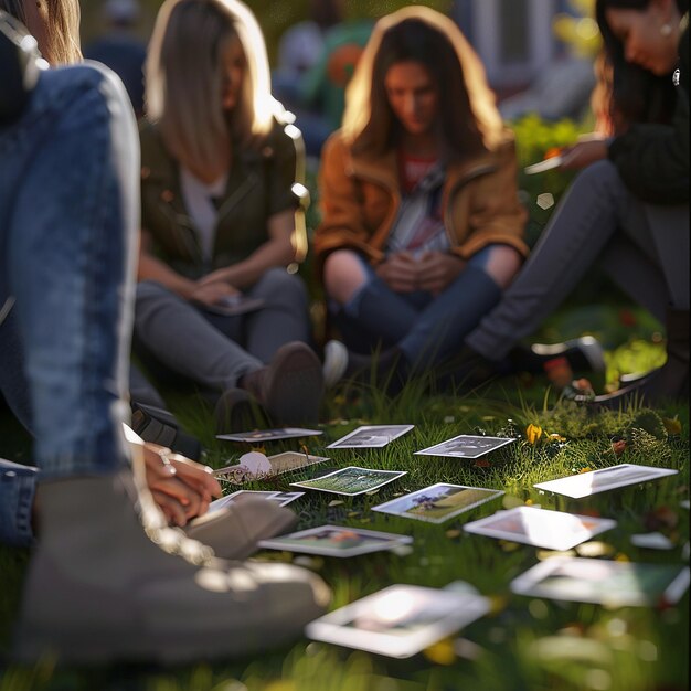 Foto fotos renderizadas en 3d de un grupo de personas sentadas en la hierba con postales en el suelo