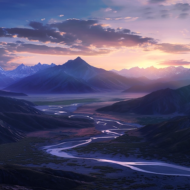 Fotos renderizadas en 3D de una hermosa escena de crepúsculo de colores cálidos en el paisaje natural del Tíbet