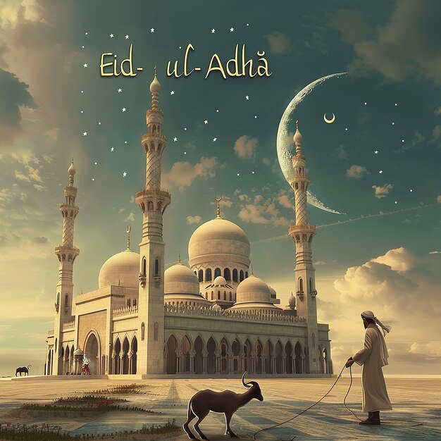 Fotos renderizadas en 3D de un hombre musulmán de una mezquita con una cabra escrita EID ul ADHA en la imagen de la luna en la parte superior
