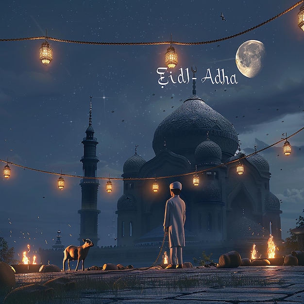 Fotos renderizadas en 3D de un hombre musulmán de una mezquita con una cabra escrita EID ul ADHA en la imagen de la luna en la parte superior