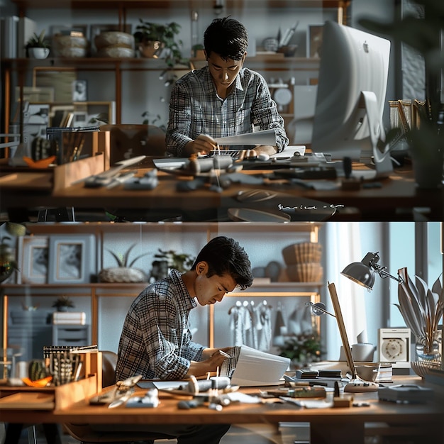 Fotos renderizadas en 3D de un hombre trabajador haciendo su trabajo