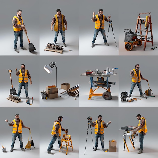 Fotos renderizadas en 3D de un hombre trabajador haciendo su trabajo