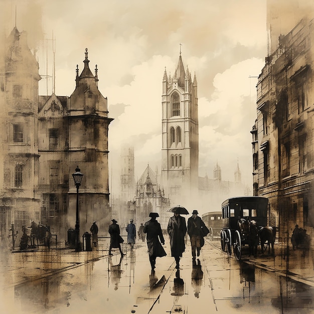 Fotos renderizadas en 3D de la imagen de la calle de Londres en el estilo de la tinta beige de Stanisaw Szukalski