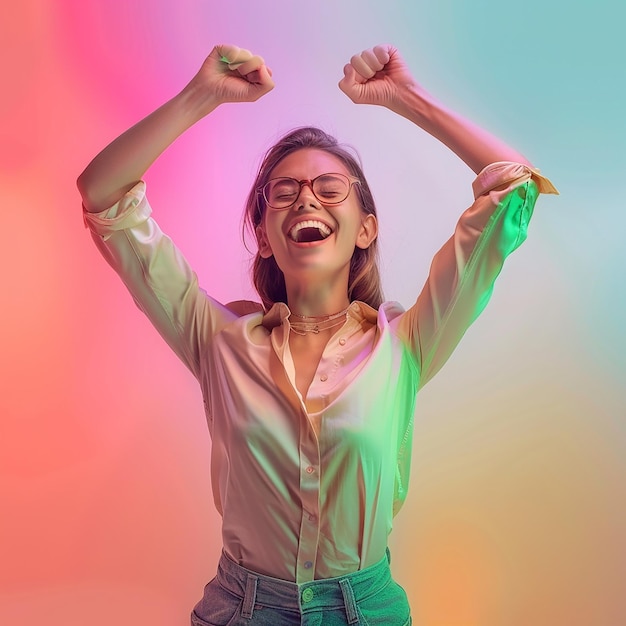 Fotos renderizadas en 3D de una joven feliz celebrando su éxito retrato de estudio de fondo plano