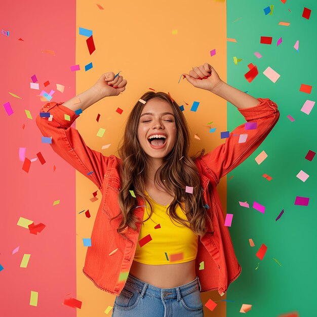 Fotos renderizadas en 3D de una joven feliz celebrando su éxito retrato de estudio de fondo plano