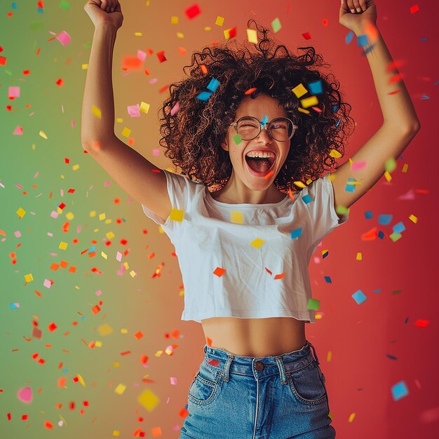 Fotos renderizadas en 3D de una joven feliz celebrando su éxito retrato de estudio de fondo plano