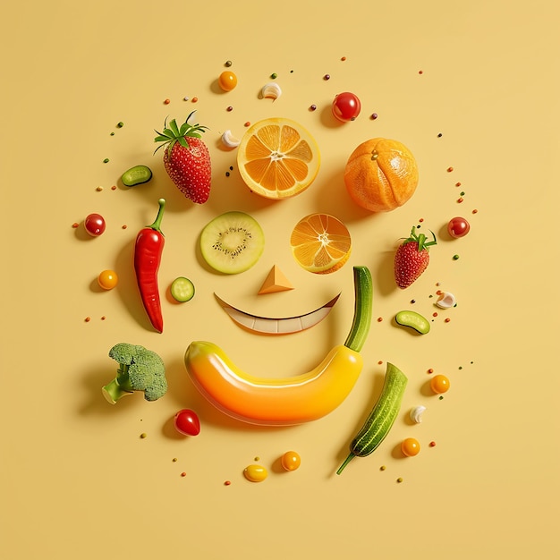 Fotos renderizadas en 3D de knolling que crean una cara sonriente de frutas y verduras minimalistas