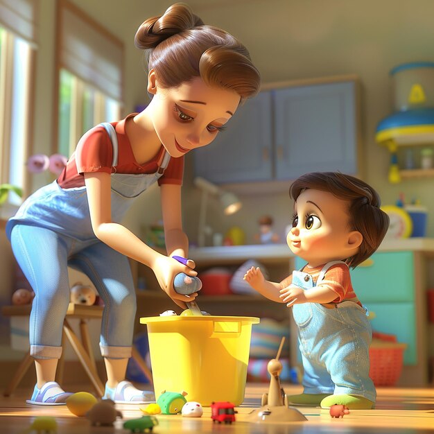 Foto fotos renderizadas en 3d de madre e hijo aprendiendo etiquetas básicas comiendo jugando tema de dibujos animados