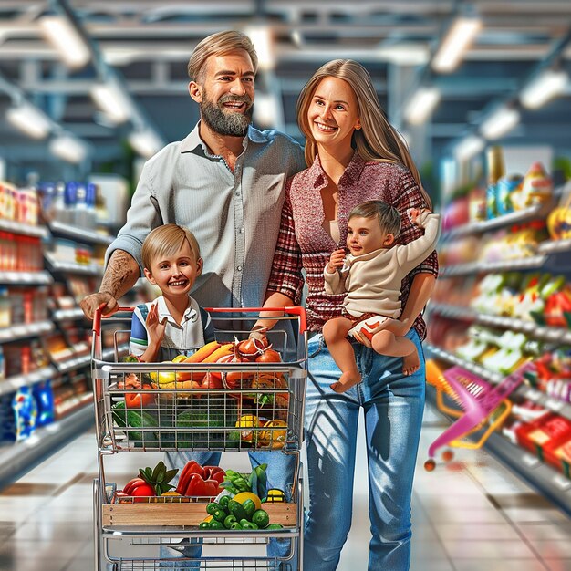 Fotos renderizadas en 3D de marido, esposa y hijos comprando en un supermercado.