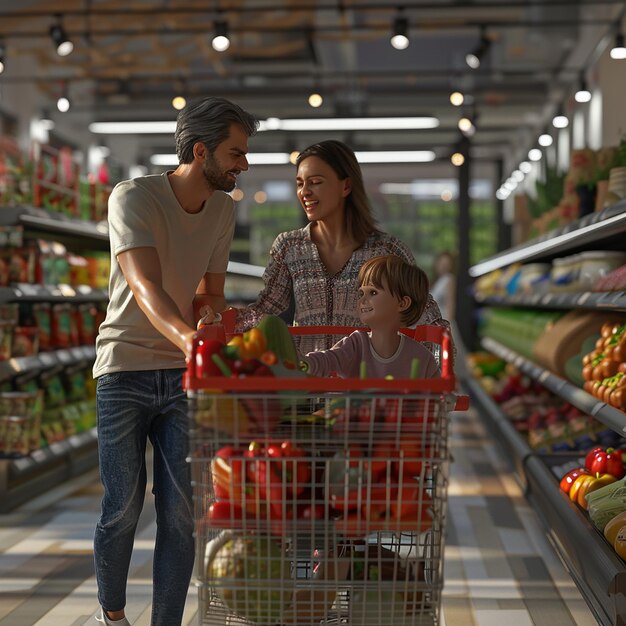 Fotos renderizadas en 3D de marido, esposa y hijos comprando en un supermercado.