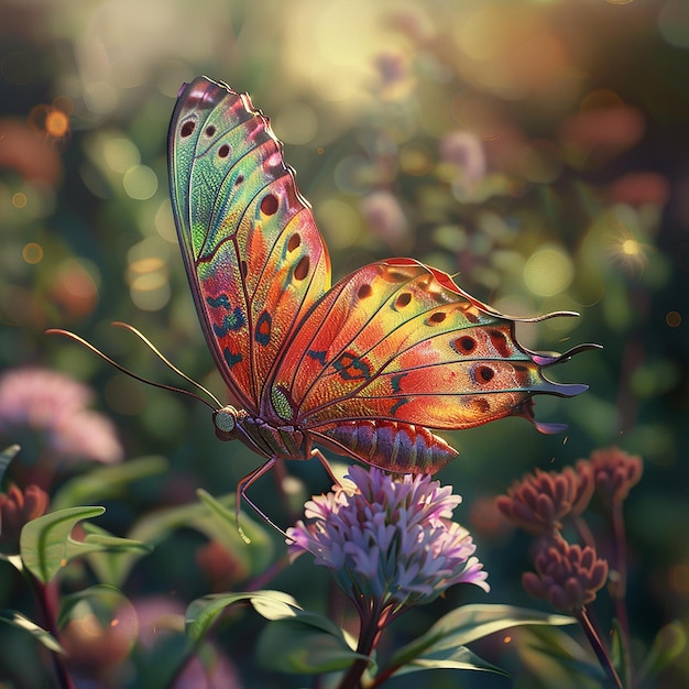 Fotos renderizadas en 3D de mariposas coloridas en una flor de vista cercana Nikon D850 105mm f 18 cinematográfico