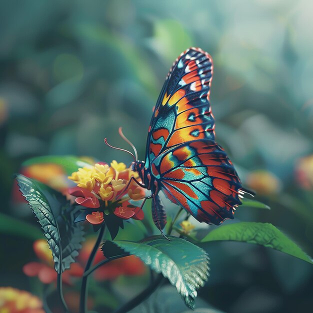 Fotos renderizadas en 3D de mariposas coloridas en una flor de vista cercana Nikon D850 105mm f 18 cinematográfico