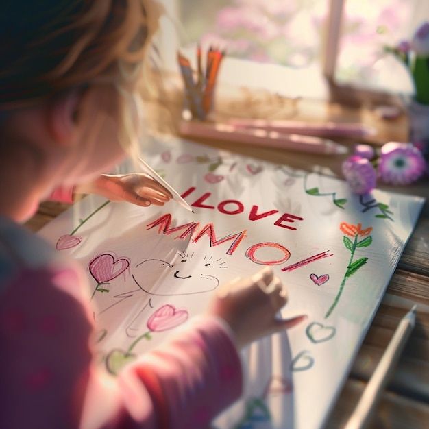 Fotos renderizadas en 3D de niños escribiendo a mano Eres la mejor mamá un lindo dibujo a mano de madre e hijo