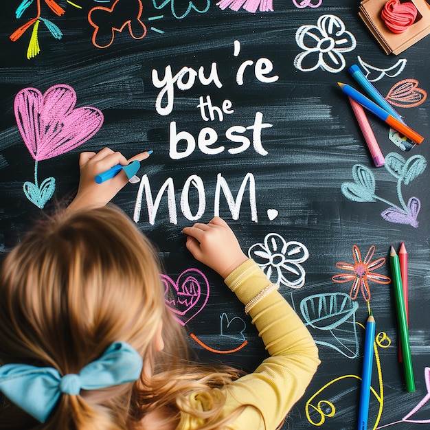 Fotos renderizadas en 3D de niños escribiendo a mano Eres la mejor mamá un lindo dibujo a mano de madre e hijo