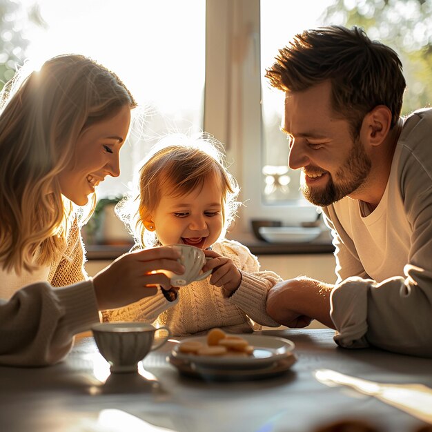 Fotos renderizadas en 3D de una pareja alimentando a su bebé con cereales en primer plano con luz natural cinematográfica