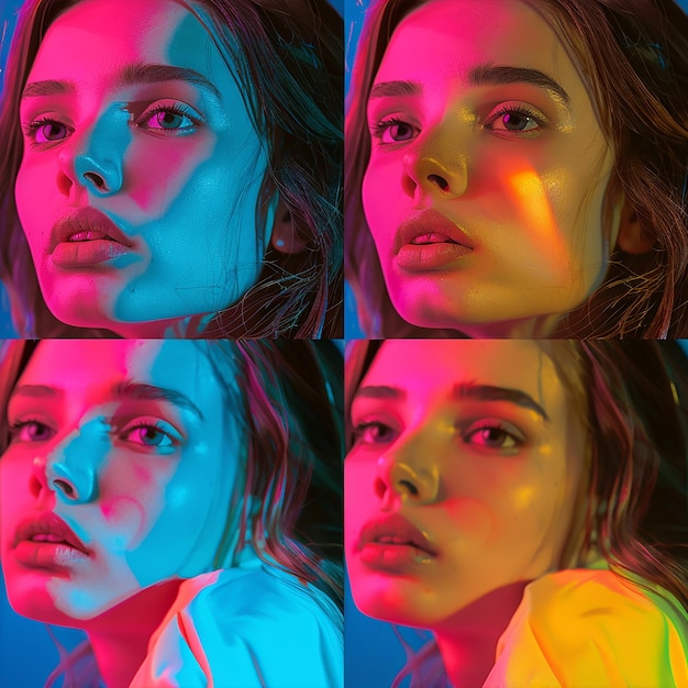 Foto fotos renderizadas en 3d de una plantilla de collage de retrato de estilo diferente de una mujer joven con fondo de neón
