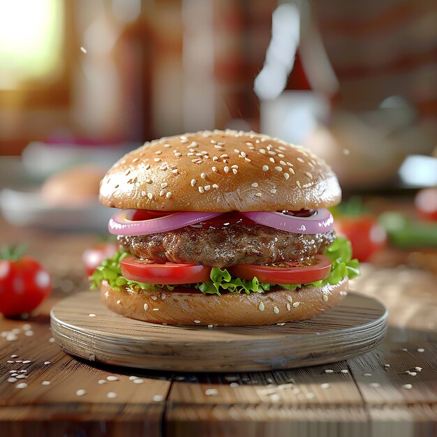 Fotos renderizadas en 3D de un plato de hamburguesa con carne de res, tomate, cebolla, repollo y vista de cerca