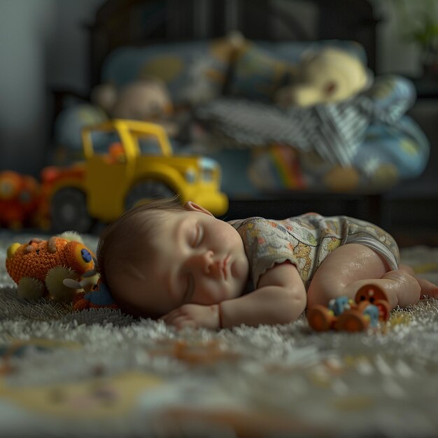 Fotos renderizadas en 3D de primer plano de un bebe recien nacido con juguetes fotos cinematograficas Imagen Premium generada con IA