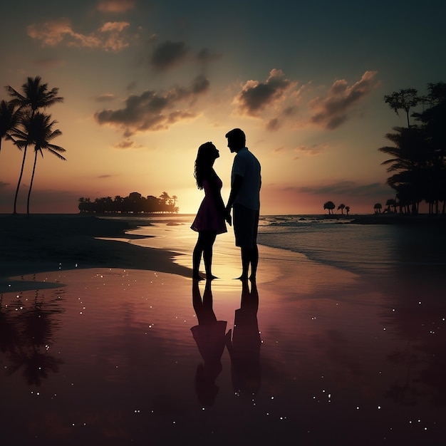 Fotos renderizadas en 3D de la silueta de una pareja en la playa