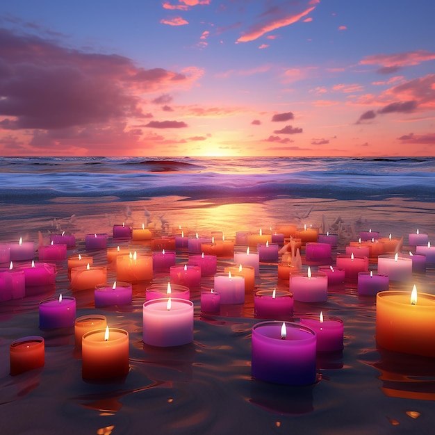 Fotos renderizadas en 3D de velas de colores en la playa