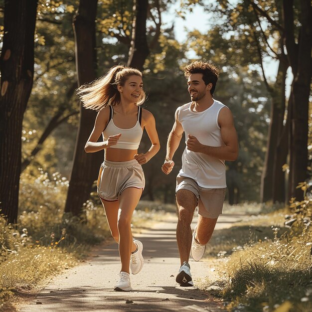 Fotos renderizadas em 3D casal está correndo no parque ao meio-dia em um dia de verão foto para uma revista