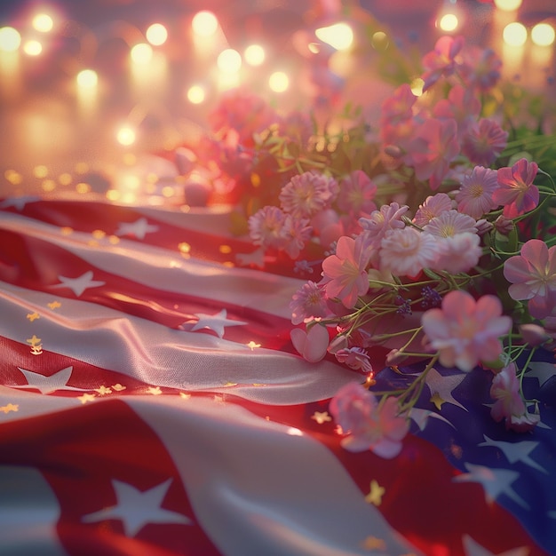 Foto fotos renderizadas em 3d da bandeira dos eua na mesa com a flor nacional dos eua no dia da independência postado nas mídias sociais