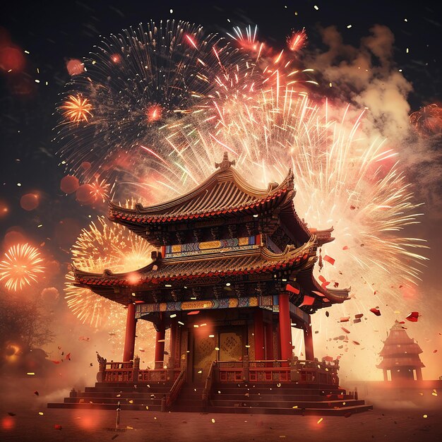 Fotos renderizadas em 3D da celebração do Ano Novo Chinês com fogos de artifício em fundo