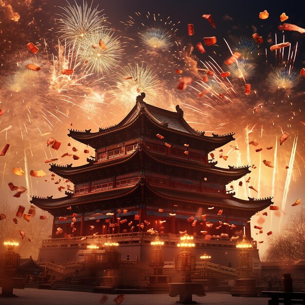 Foto fotos renderizadas em 3d da celebração do ano novo chinês com fogos de artifício em fundo