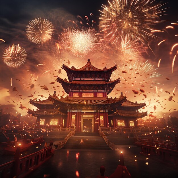 Foto fotos renderizadas em 3d da celebração do ano novo chinês com fogos de artifício em fundo