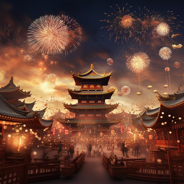Foto fotos renderizadas em 3d da celebração do ano novo chinês com fogos de artifício em fundo
