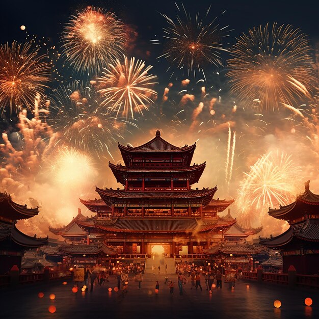 Fotos renderizadas em 3D da celebração do Ano Novo Chinês com fogos de artifício em fundo