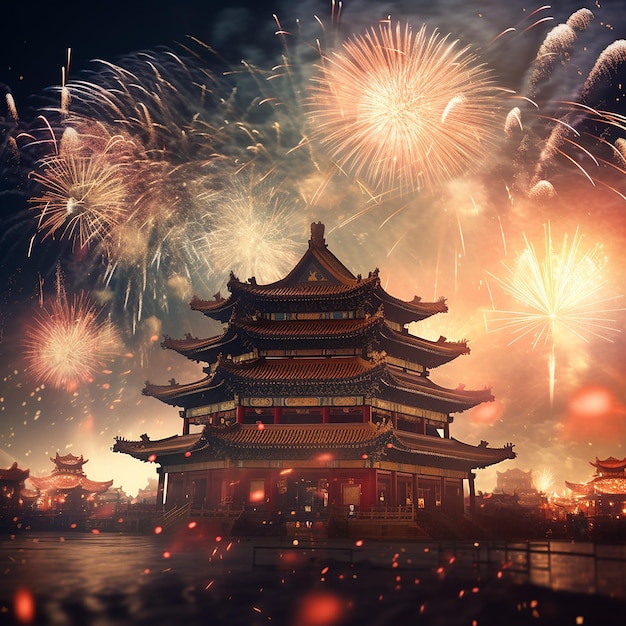 Foto fotos renderizadas em 3d da celebração do ano novo chinês com fogos de artifício em fundo