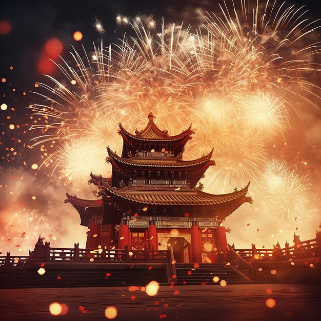 Fotos renderizadas em 3D da celebração do Ano Novo Chinês com fogos de artifício em fundo