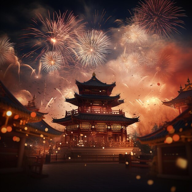 Foto fotos renderizadas em 3d da celebração do ano novo chinês com fogos de artifício em fundo