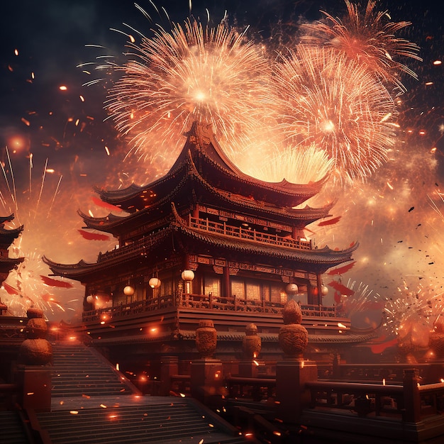 Foto fotos renderizadas em 3d da celebração do ano novo chinês com fogos de artifício em fundo