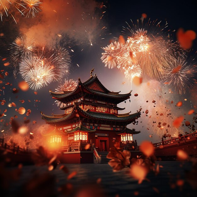 Fotos renderizadas em 3D da celebração do Ano Novo Chinês com fogos de artifício em fundo