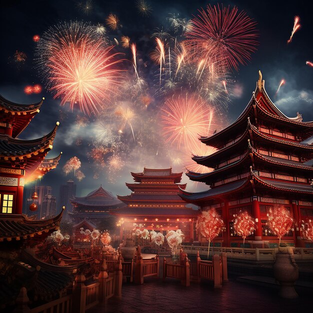 Fotos renderizadas em 3D da celebração do Ano Novo Chinês com fogos de artifício em fundo