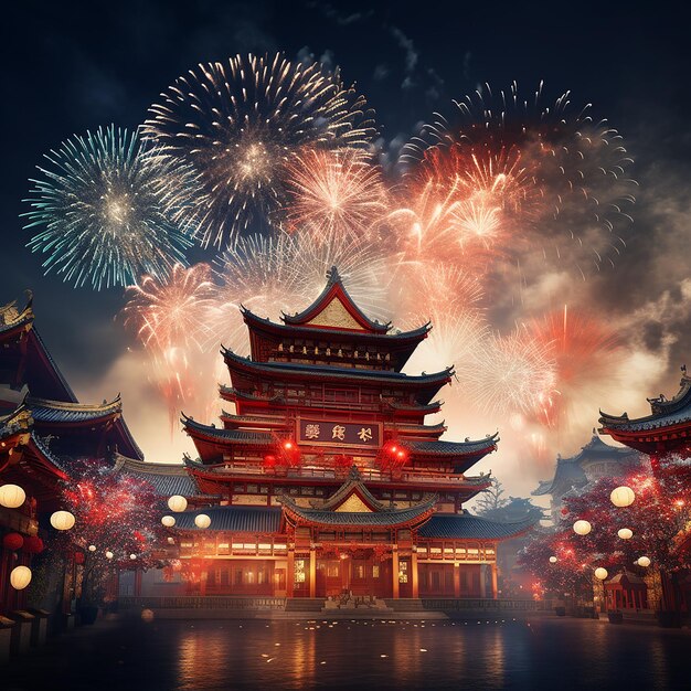 Foto fotos renderizadas em 3d da celebração do ano novo chinês com fogos de artifício em fundo