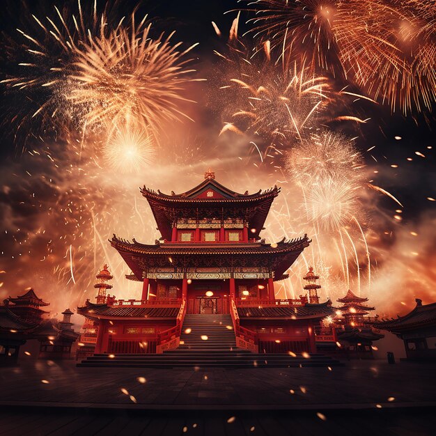 Foto fotos renderizadas em 3d da celebração do ano novo chinês com fogos de artifício em fundo