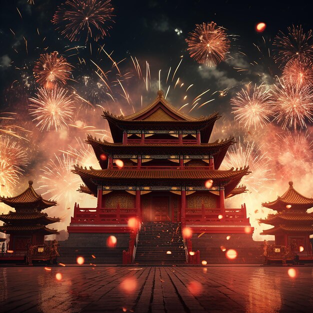 Fotos renderizadas em 3D da celebração do Ano Novo Chinês com fogos de artifício em fundo