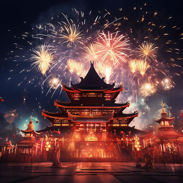 Foto fotos renderizadas em 3d da celebração do ano novo chinês com fogos de artifício em fundo