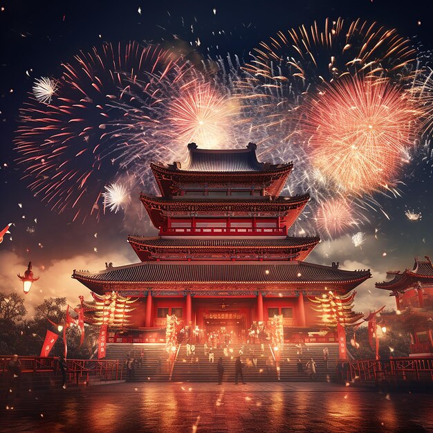 Fotos renderizadas em 3D da celebração do Ano Novo Chinês com fogos de artifício em fundo