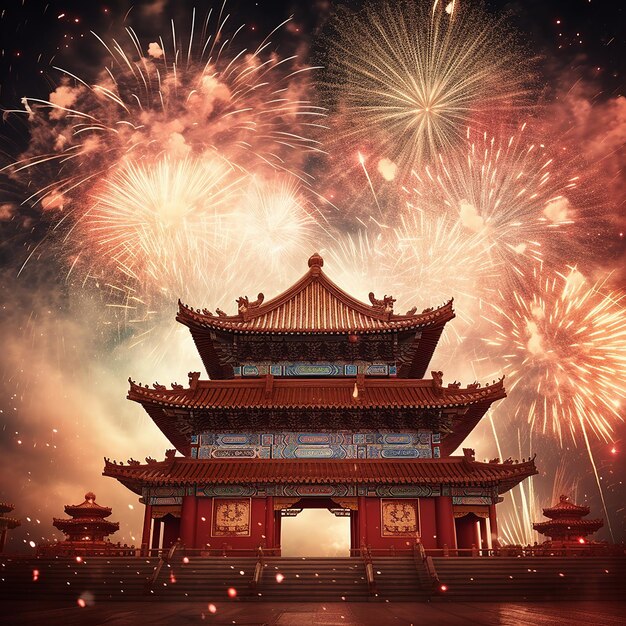 Foto fotos renderizadas em 3d da celebração do ano novo chinês com fogos de artifício em fundo