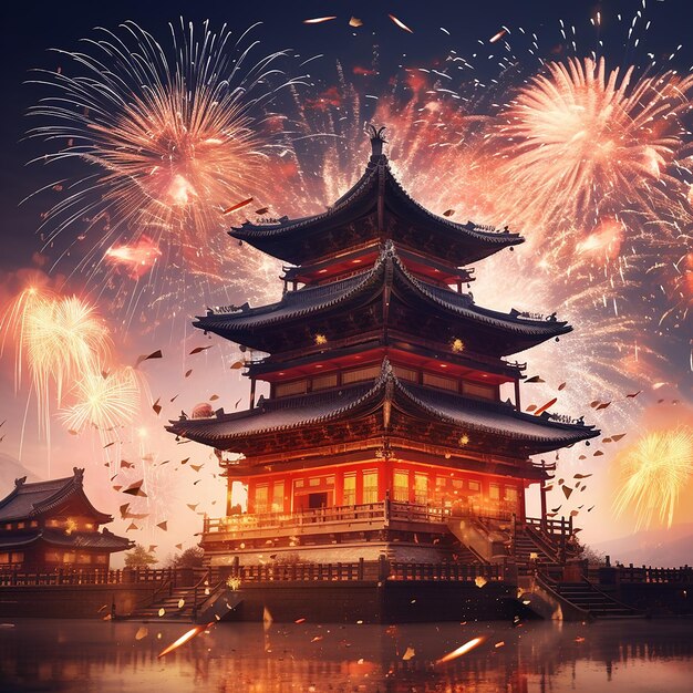 Fotos renderizadas em 3D da celebração do Ano Novo Chinês com fogos de artifício em fundo