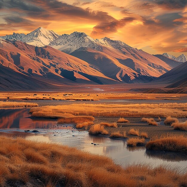 Foto fotos renderizadas em 3d de belas cenas de crepúsculo de cores quentes na paisagem natural do tibete